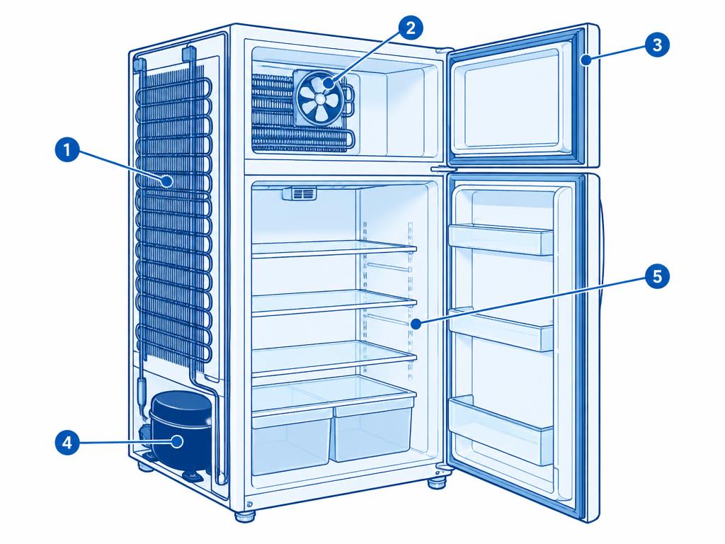 Labelled cutaway diagram of a fridge showing the parts used in this repair