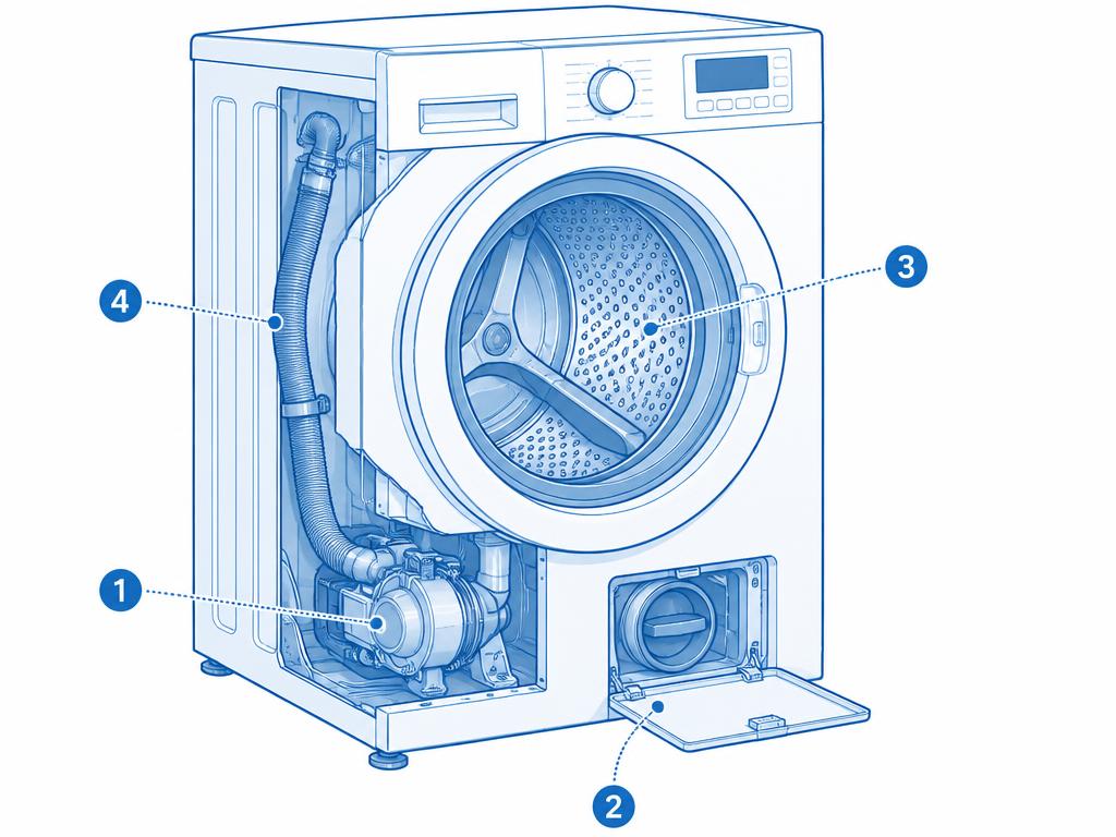 Labelled cutaway diagram of a washer showing the parts used in this repair